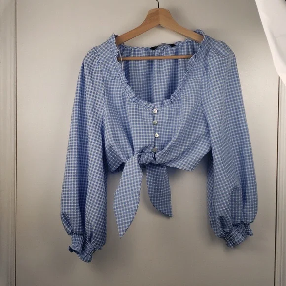 Zara Light Blue Gingham Tie-Front Crop Top Si'e Large - Picture 3 of 8